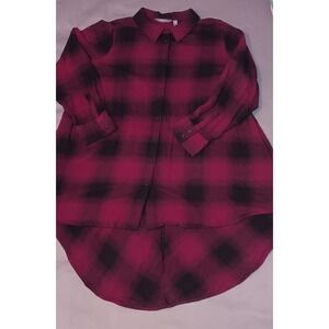 Womens Tunic Shirt 2x Plaid High-Low Drop Tail Shirt Burgundy Black Grunge Goth